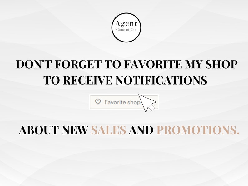 May include: White text on a gray background with a white heart icon and the text "Favorite shop" in a white box with a black arrow pointing to the right. The text reads "Don't forget to favorite my shop to receive notifications about new sales and promotions."