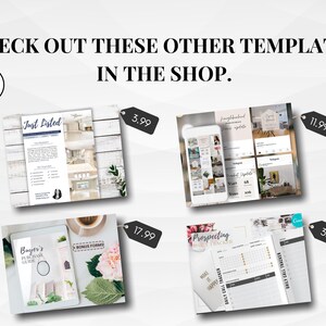 May include: Four printable real estate templates for social media and marketing. The templates include a "Just Listed" flyer, a "Buyer's Purchase Guide", a "Neighborhood Price Update" social media post, and a "Prospecting Daily Tracker".