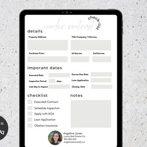 May include: A checklist for a real estate transaction under contract. The checklist includes details like property address, purchase price, escrow dates, and a list of tasks to complete, such as scheduling an inspection and applying for a loan. The checklist also includes a notes section and a contact for Angelina Jones, Luxury Real Estate Co.