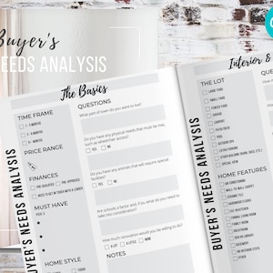 Op de afbeelding: Een printbare checklist voor de analyse van de behoeften van de koper met secties voor de basis, het perceel, de kenmerken van het huis en vragen over de binnen- en buitenkant. De checklist bevat vragen over de tijdlijn, de prijsklasse, de financiën, de must-have kenmerken, de stijl van het huis en de renovatievoorkeuren.