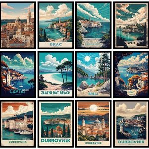 Könnte beinhalten: Eine Sammlung von zwölf gerahmten Reiseplakaten mit kroatischen Küstenmotiven. Jedes Poster zeigt einen anderen Ort, darunter Dubrovnik, Split und Zlatni Rat Beach, mit leuchtenden Farben und Illustrationen im Vintage-Stil.