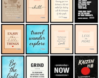 May include: A collection of framed art prints with inspirational quotes. The prints feature various designs, including quotes on beige paper, blue backgrounds, and black backgrounds. Each print has a unique message and design.