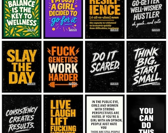Könnte beinhalten: Eine Sammlung von Motivationspostern mit fettem Text auf schwarzem Hintergrund. Die Poster zeigen Sätze wie "Balance is the Key to Wellness", "Slay the Day" und "You Can Do This". Die Farbpalette umfasst Gelb, Weiß und Orange.