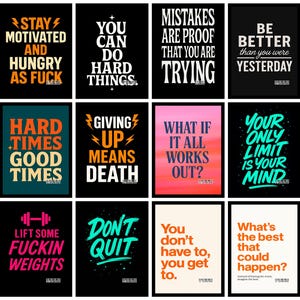 Könnte beinhalten: Eine Sammlung von Motivationspostern mit auffälliger Typografie. Jedes Poster zeigt einen anderen Satz, wie "Bleib motiviert" und "Gib nicht auf", in leuchtenden Farben auf schwarzen oder farbigen Hintergründen. Die Poster sollen motivieren und inspirieren.