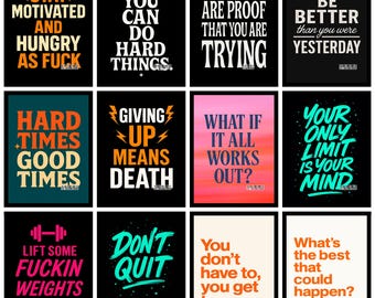 Könnte beinhalten: Eine Sammlung von Motivationspostern mit auffälliger Typografie. Jedes Poster zeigt einen anderen Satz, wie "Bleib motiviert" und "Gib nicht auf", in leuchtenden Farben auf schwarzen oder farbigen Hintergründen. Die Poster sollen motivieren und inspirieren.