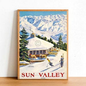 Skiing Retro Poster Print, Vintage Mountains Snow Ski Winter Travel Idaho America Vacation Destination Wall Art Decor A4 Size