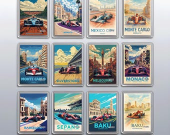 May include: A collection of twelve rectangular magnets featuring vintage-style illustrations of Formula 1 race cars in various locations. Each magnet showcases a different race track, including Monaco, Mexico City, and Silverstone, with vibrant colors and detailed artwork.
