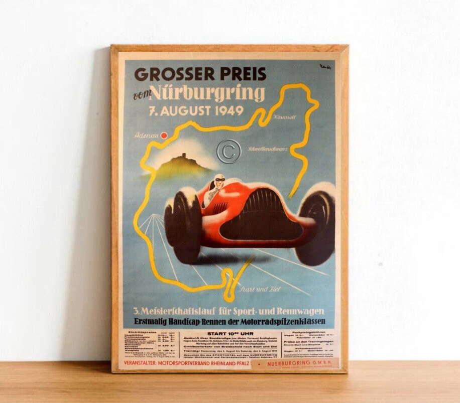 Retro Car Nurburgring Race Advertisement Poster Print, Vintage Automobile Machine Rallye Bulletin Sign Wall Art Decor A4 Size