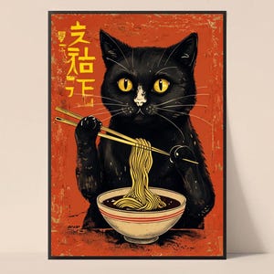 Retro Japanese Cat Eating Ramen Poster, Vintage Wall Art, Quirky Cat Illustration, Unique Kitchen Decor, Noodle Lover Gift, A4 Print