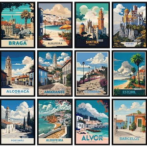 May include: A collection of twelve travel posters featuring Portuguese cities. Each poster has a unique illustration of a city scene, including Braga, Albufeira, Sintra, Alcobaça, Amarante, Coimbra, Estoril, Portimão, Alvor, and Barcelos. The posters are framed in black.
