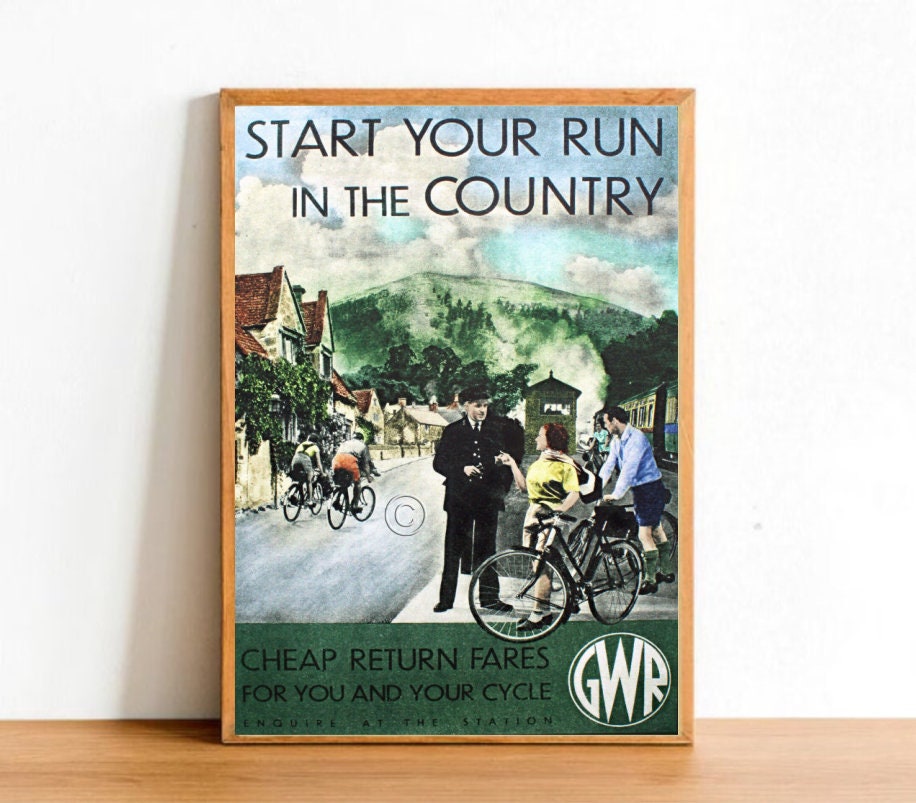 Train England Advertisement Poster Print, Retro Vintage UK Railway Ride Bicycle Sign Wall Art Decor A4 Size