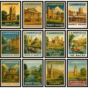 May include: A collection of twelve vintage-style travel posters featuring Cambridge landmarks. Each poster has a black border and showcases a different location, including Great St. Mary's Church, Trinity College, and the Botanic Garden. The posters have a warm, sepia-toned color palette.