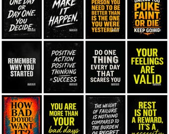 Könnte beinhalten: Eine Sammlung von Motivationspostern mit fettem Text auf schwarzem Hintergrund. Jedes Poster zeigt ein anderes inspirierendes Zitat in Weiß oder Gelb, wie "Make it Happen" und "Do One Thing Every Day That Scares You."