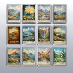 May include: A collection of twelve rectangular magnets featuring landscape paintings of various locations. Each magnet has a silver border and includes the location's name, such as "Lake Bled" and "Cape Town."