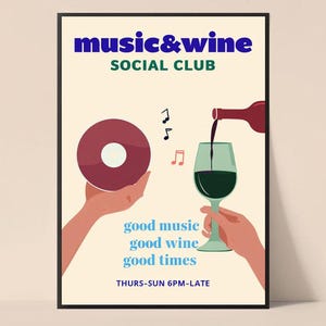 Retro Music & Wine Poster, Kitchen Wall Art, Hand-Drawn Illustration, Wine Print Decor, Social Club Poster, Vintage Kitchen Print А4
