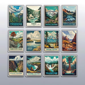 May include: A collection of twelve rectangular magnets featuring vintage-style illustrations of national parks. Each magnet displays a different scenic landscape, including Yosemite, Yellowstone, and the Grand Tetons, with the park name at the bottom.