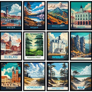 May include: A set of twelve framed art prints showcasing Polish landscapes and architecture. Each print is in a black frame and has the location name in white text at the bottom. The prints depict various scenic locations.