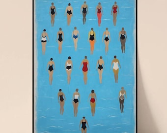 May include: A painting of a group of women in various colored swimsuits standing in a blue pool of water. The women are all facing forward and have their arms at their sides.