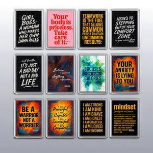 May include: A set of rectangular magnets with inspirational quotes in various colours and fonts. The magnets feature phrases such as "Girl Boss," "Your body is priceless," and "Mindset." The magnets are framed in silver.