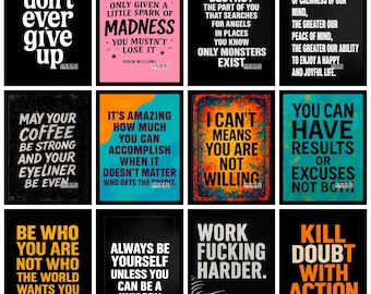 Könnte beinhalten: Eine Sammlung von Motivationspostern mit fettem Text auf schwarzem Hintergrund. Die Poster zeigen Sätze wie "Don't ever give up" und "Kill doubt with action". Jedes Poster hat ein einzigartiges Design und Farbschema.
