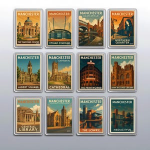 May include: A collection of twelve rectangular magnets featuring vintage-style illustrations of Manchester landmarks. Each magnet displays a different scene, including the Trafford Centre, Etihad Stadium, and Albert Square, with the city's name at the top.