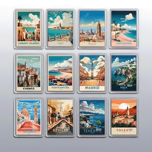 Könnte beinhalten: Ein Set aus zwölf rechteckigen Magneten mit farbenfrohen Illustrationen spanischer Städte und Landschaften. Jeder Magnet hat einen silbernen Rand und zeigt den Namen der Stadt, wie "Canary Islands", "Cadiz" und "Seville". Die Kunstwerke zeigen Landschaften und Wahrzeichen.