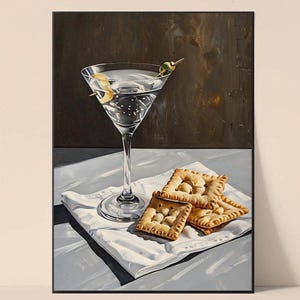 Martini & Cheese Crackers Print - Ekscentryczna sztuka koktajlowa, elegancki styl malarstwa olejnego, wystrój wózka barowego, modna sztuka ścienna do kuchni, pomysł na prezent A4