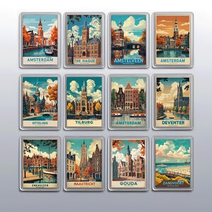 May include: A collection of twelve rectangular magnets featuring vintage-style illustrations of Dutch cityscapes. Each magnet displays a different city name, such as Amsterdam, The Hague, and Zandvoort, with colorful architectural details and scenic backgrounds.