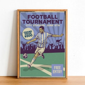 Vintage Football Poster, Retro Soccer Ball Game Players, Team Sport Tournament Match Wall Art Picture A4 Size