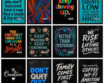 Könnte beinhalten: Sammlung gerahmter Motivationsposter mit verschiedenen Zitaten in unterschiedlichen Schriftarten und Farben. Zitate sind unter anderem "Wenn du zuerst nicht erfolgreich bist, mach ein Nickerchen & versuche es erneut" und "Familie geht vor."