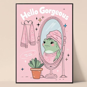 Hej, vacker tjejig groda, väggkonst, retro självkärlekstavla, rosa positivitetsaffisch, badrums- eller studentrumsdekor, söt estetisk tavla A4 bild 1