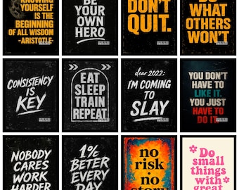 Könnte beinhalten: Eine Sammlung von Motivationspostern mit Zitaten in weißen und gelben Schriftarten auf schwarzem Hintergrund. Die Zitate lauten unter anderem: "Kenne dich selbst", "Sei dein eigener Held", "Gib nicht auf" und "Tu, was andere nicht tun werden".
