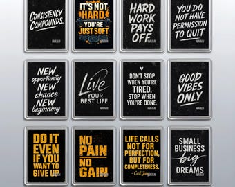 Citas sobre el trabajo duro y la constancia: imán acrílico para nevera de 70 x 45 mm, imán cuadrado de 90 mm, póster inspirador A3, A4 y A5, posavasos.