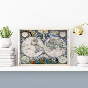 Weltkarte Retro Poster Druck, Vintage Kunstwerk Länder Kontinente Urlaub Ziel Wand Kunst Dekor A4 Größe