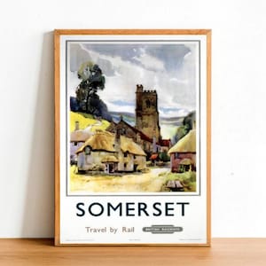 Somerset England Retro Poster Print, Vintage City Town UK Travel Train Railway Europe Vacation Destination Wall Art Decor A4 Size