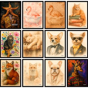 May include: A series of framed art prints depicting anthropomorphic animals. The prints include a starfish in a suit, a flamingo in a bathtub, a cat on books, a cat on a tree, a cat on a piano, a dog in a tuxedo, a dog in sunglasses, a fox, a french bulldog, and a giraffe.