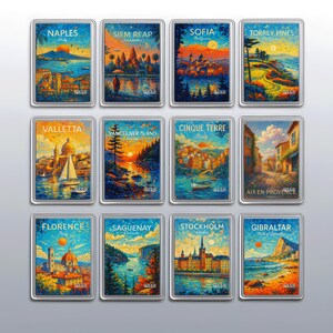 May include: A collection of twelve rectangular magnets featuring colorful landscape paintings of various locations, including Naples, Siem Reap, and Florence. Each magnet has a silver border and displays the location's name.