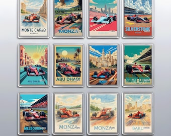 May include: A collection of twelve rectangular magnets featuring vintage-style illustrations of Formula 1 race cars. Each magnet showcases a different race location, including "Monte Carlo," "Monza," and "Silverstone," with vibrant colors and detailed artwork.
