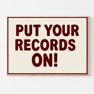 Art mural de style rétro, impression de musique moderne Mid-Century, affiche rouge « Put Your Records On », décoration musicale vintage, impression d'art paysage