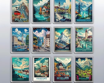 Pintorescas vistas a lagos y montañas suizos – Imán acrílico para nevera de 70 x 45 mm • Imán cuadrado de 90 mm • Póster de ciudad (tamaño A3, A4 y A5) • Posavasos