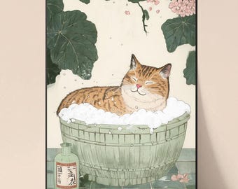 Tabby Cat in Bathtub Print: Japanese Bathroom A4 Art