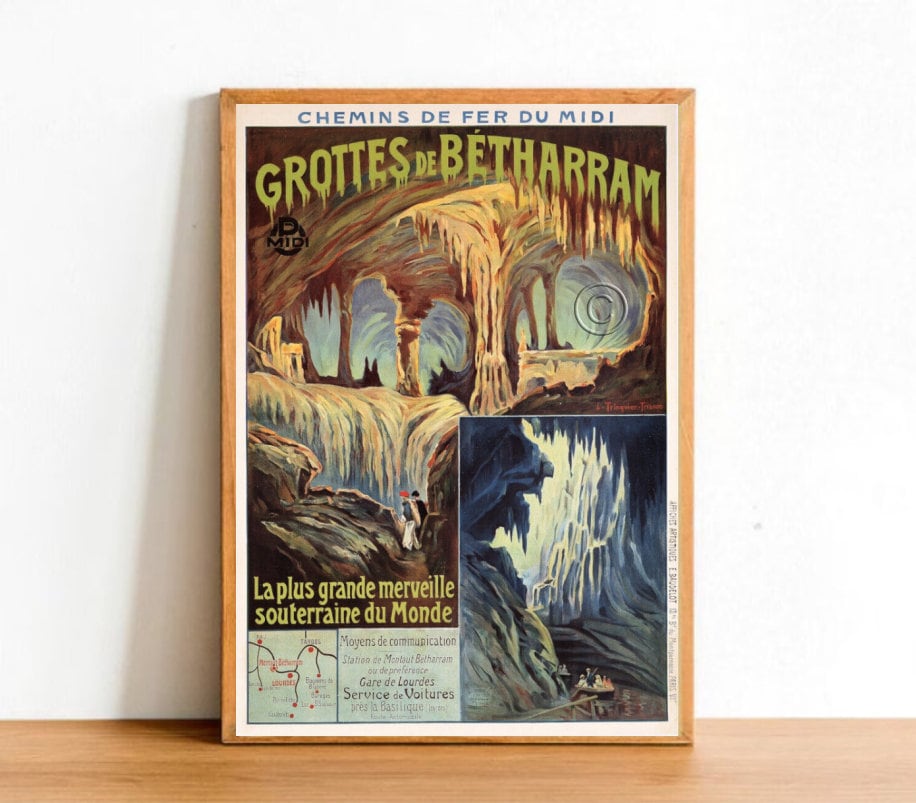 Grottes de Betharram France Retro Poster Print, Vintage Nature Caves Travel Europe Vacation Destination Wall Art Decor A4 Size