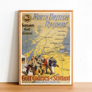 Mapa de Escocia, Reino Unido, impresión de póster retro, juego de deporte de golf vintage, destino de vacaciones, decoración de arte de pared, tamaño A4