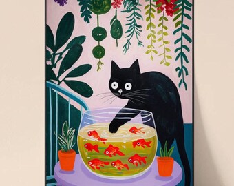 Funny Black Cat & Goldfish A4 Poster: Quirky Pet Lover Gift