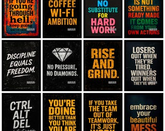Könnte beinhalten: Eine Sammlung von Motivationspostern mit schwarzen Hintergründen und kräftigen, farbenfrohen Texten. Zitate sind unter anderem: „Wenn du durch die Hölle gehst, geh weiter“, „Disziplin ist gleich Freiheit“ und „Aufstehen und arbeiten“.