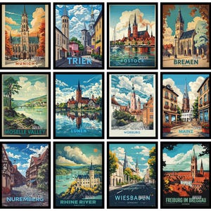 Könnte beinhalten: Eine Sammlung von zwölf gerahmten Reiseplakaten mit deutschen Stadtansichten und Landschaften. Jedes Plakat zeigt einen anderen Ort, darunter München, Trier und der Rhein, mit leuchtenden Farben und stilisierten Illustrationen.