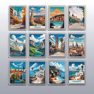 May include: A set of rectangular magnets with vibrant illustrations of Spanish cities. Each magnet showcases a different location, such as Madrid, Malaga, Ibiza, and Seville, with the city's name printed at the base.