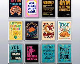 Citas sobre mentalidad positiva y energía: imán acrílico para refrigerador de 70 x 45 mm, imán cuadrado de 90 mm, póster inspirador A3, A4 y A5, posavasos.