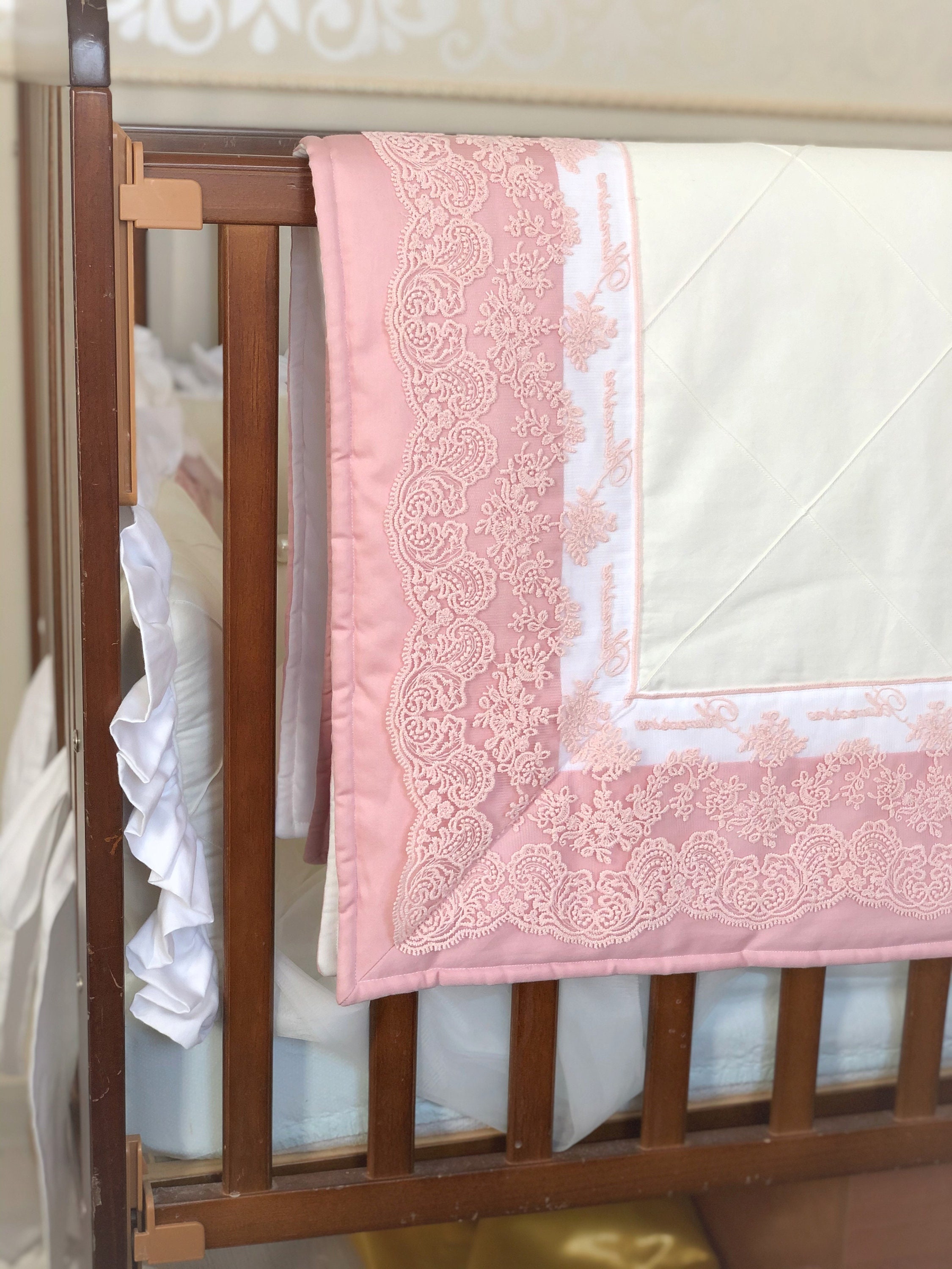 Crib bumper pads for baby girl pink and white baby bedding Etsy