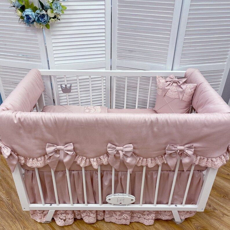 Crib Rail Cover With Lace and Pink Ruffles Blush Pink Rail Etsy